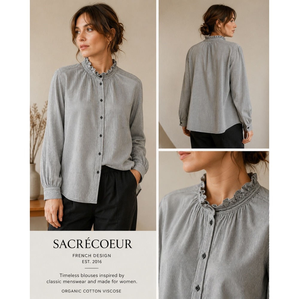 Sacrecoeur French Chic Microstripe Ruffle Neck Blouse Organic Cotton Viscose SzM